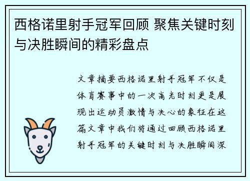 西格诺里射手冠军回顾 聚焦关键时刻与决胜瞬间的精彩盘点